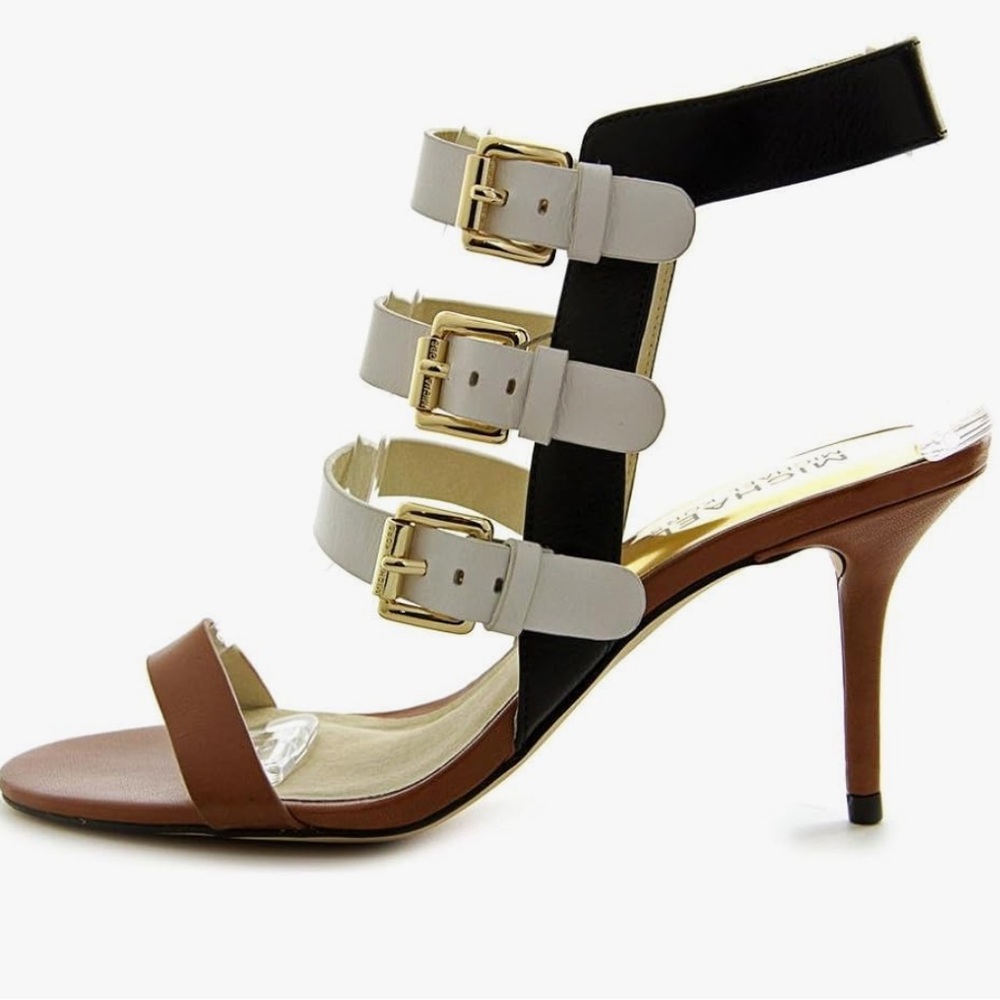 Michael Kors Beverly Sandal Mid Heel Optic White/Black/Luggage Brown - Picture 2 of 9